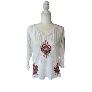 Rancho Estancia Women's XS White Embroidered Boho Peasant Western‎ Arrow Top